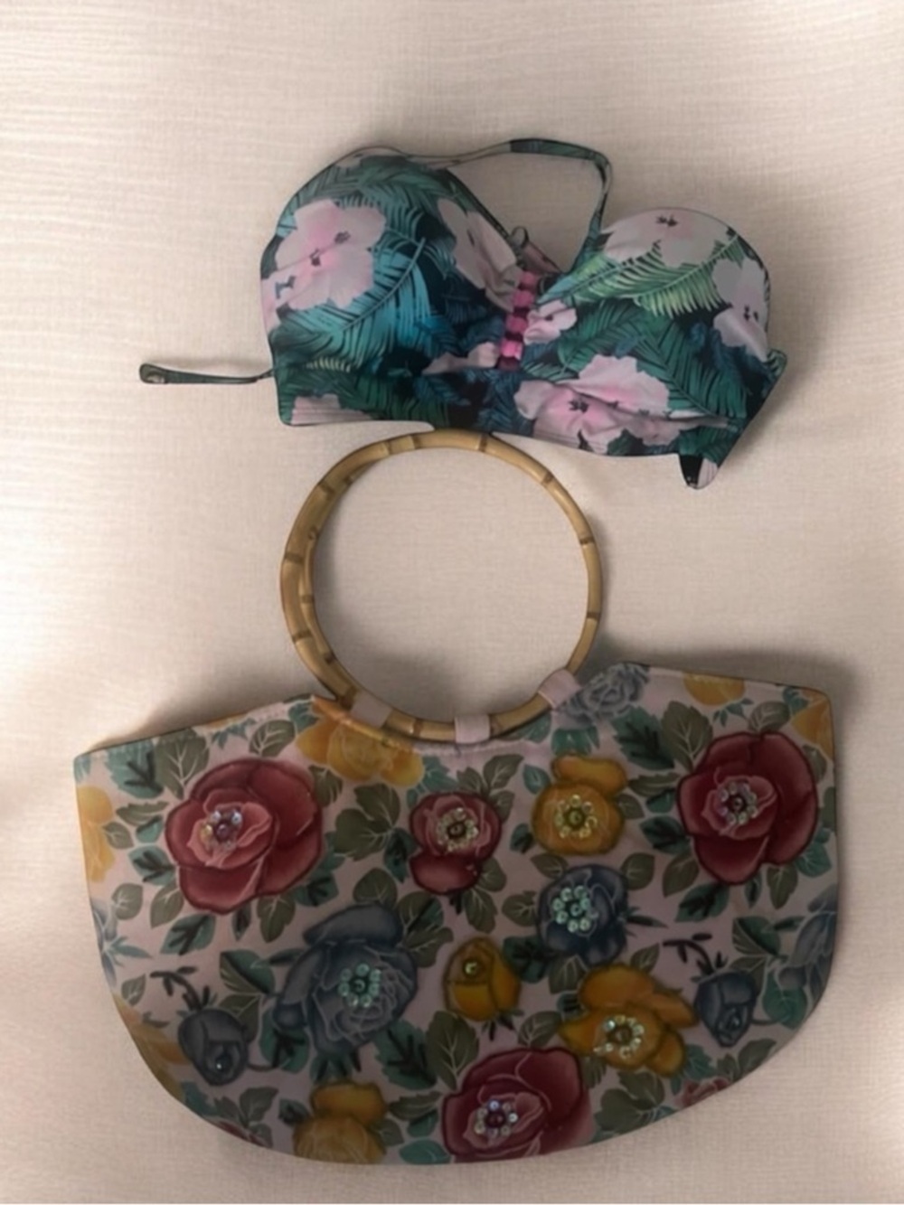 2 pieces Floral Bamboo-Handle Tote Bag OP multicoloured bikini top Size M